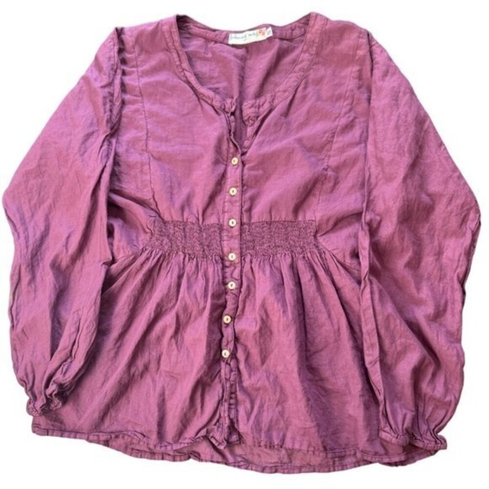 Johnny Was Plum Purple Smocked Empire Waist Button Front Peplum Blouse Small |N1
